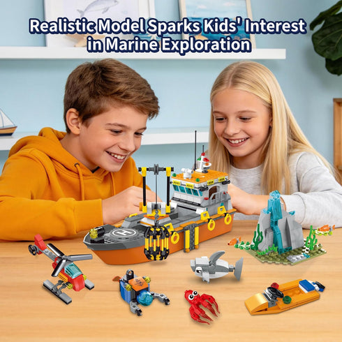 Set, Set 6 8 10 12 AKWME City Ocean Explorer Ship Building Exploration Boat Toy Building Block with LED Lights