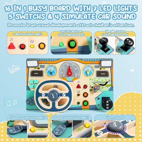 1 2 3 Busy Board Montessori Toys for Year Old, Wooden Toddler Sensory Toy Busy Board with LED Lights Sound Switch