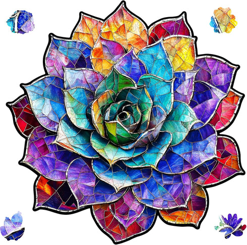 Delobil Stained Glass Succulent Wooden Puzzles for Adults, 500 Pieces Mandala Jigsaw