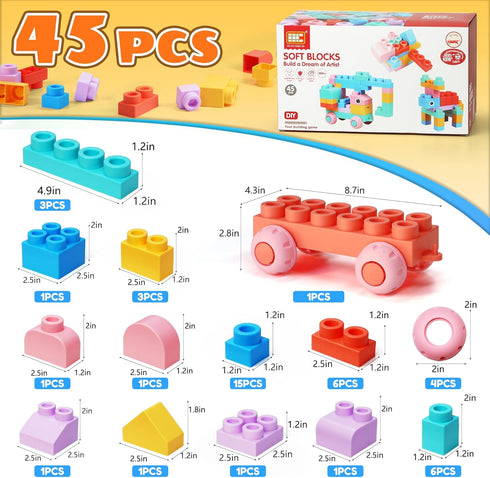 ZZXYPX 45pcs 18+ Soft Building Blocks for Toddlers - BPA-Free STEM Educational Toys Ages Months, Safe Preschool