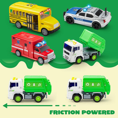 JOYIN 4 Pcs 7" Long Vehicle Toy Set, Toddlers Cars with Lights and Siren Sound, Birthday Party Gifts