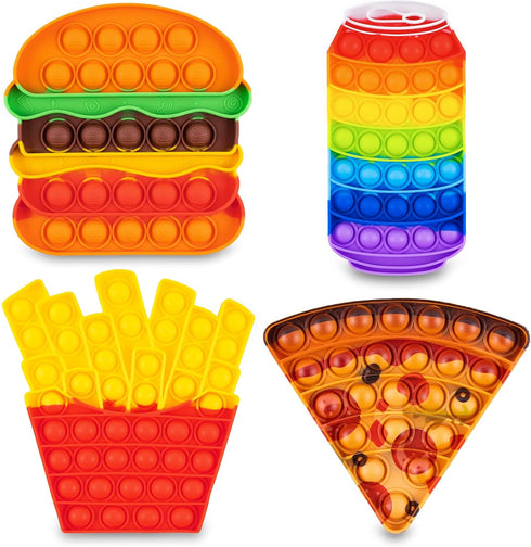 Pop Its Fidget Toys Pack 4 - Stress Relief Poppet Toy for Kids, Autism Learning, French Fry Pizza Hamburger