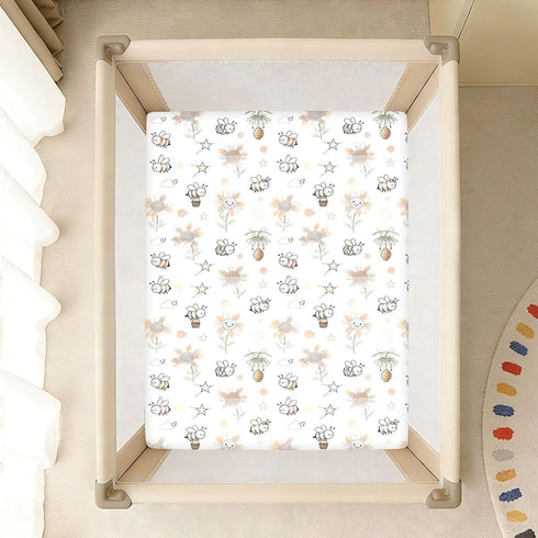 miaozhen 1 Pack 52x28 Cotton Baby Crib Sheets Soft Stretchy Funny Sunflower and Bee Boy Girl Crib Sheet for Nursery