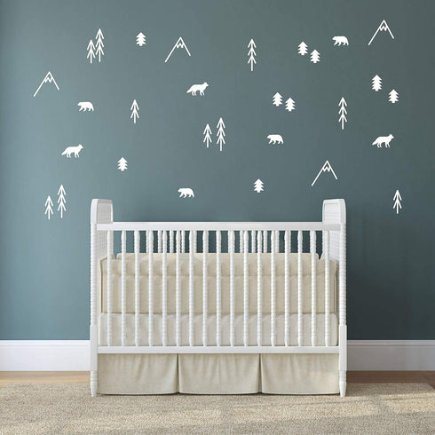 Woodland Animals, Trees and Mountains Wall Decals, Vinyl Stickers for Nursery, Bedroom, Living Room Room Decor A44