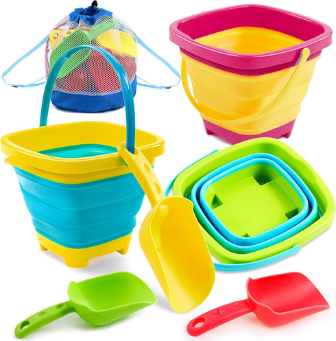 Sloosh 3 PCS Foldable Buckets with 3 Shovels Sand Water Bucket Sandbox