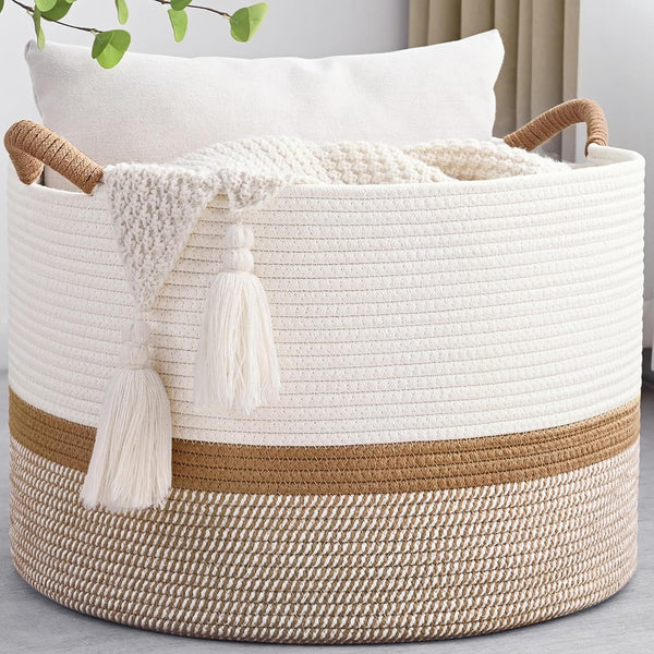 67L Large Blanket Basket, 20"x13" Woven Storage Baskets With Handle, Cotton Rope