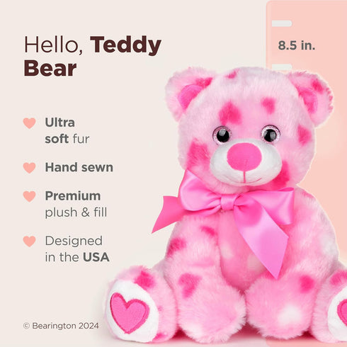 Bearington Collection Heart Teddy Bear Plush, 8.5" Pink Heart-Printed with Satin Bow & Pocket