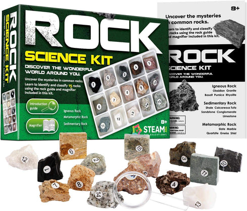 XXTOYS Rock Stone Collection Science Kit, 15pcs Geology Kid Specimens Gift with Magnifier Included