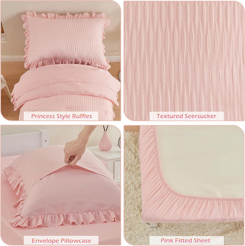 Cozyholy 4 Set Set Set Piece Textured Seersucker Toddler Bedding Girls Crib Sheets Pink Ruffle Baby Bed Comforter