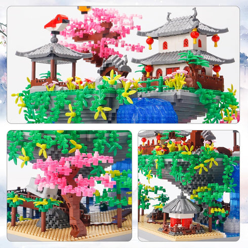 3600PCS Micro Mini Blocks Peach Blossom Pond Bonsai Tree Kit - Traditional Architecture Building Blocks Gift for 14+