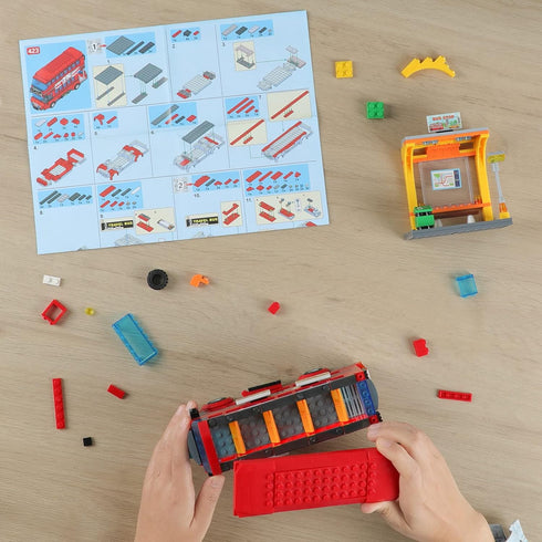 City London Bus Station Building Blocks Set, Double Deckers London Travel Bus and Station, STEM Play Toys