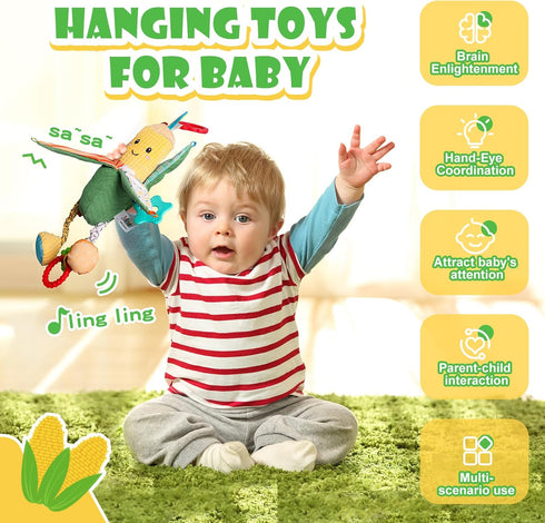 Hanging Rattles Toys, Car Seat toys for babies 0-6 months, Newborn Crib Toys Sensory Corn Soft stuff Baby Stroller Toys with Crinkle, Squeaky & Teether for Babies Boys Girls 0 3 6 9 to 12 Months