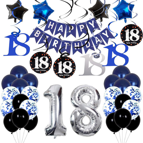 18th Birthday Decorations for Boys and Girls, Dark Blue HAPPY BIRTHDAY Banner, Silver Number 18 Balloons Party Supplies