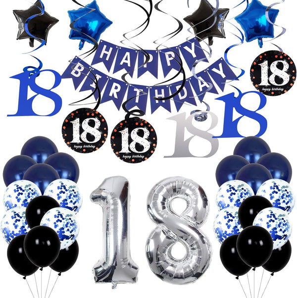 18th Birthday Decorations for Boys and Girls, Dark Blue HAPPY BIRTHDAY Banner, Silver Number 18 Balloons Party Supplies