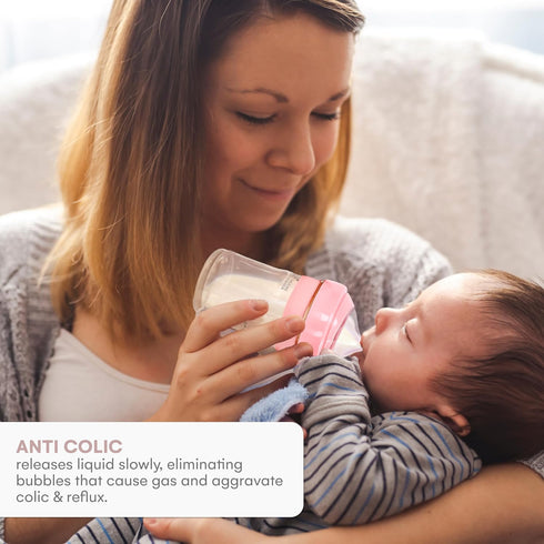 Childlike Behavior Anti Colic Baby Bottles Gift Box Set, 5oz & 8oz Bottles, Detachable Handles, Pink