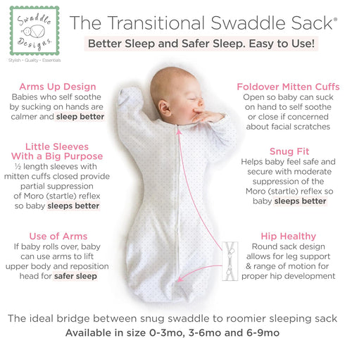 SwaddleDesigns Transitional Swaddle Sack, Arms Up Half-Length Sleeves, Swaddle for Newborn 3-6 Month, Sterling Dots