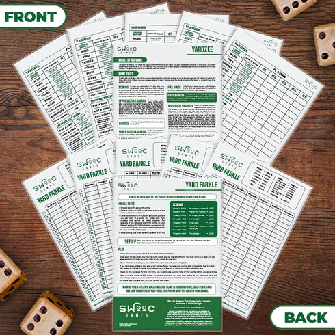 SWOOC Games - 5 Big Laminated Yardzee & Farkle Score Cards with Rules - Jumbo Score Sheet for Outdoor Dice Games