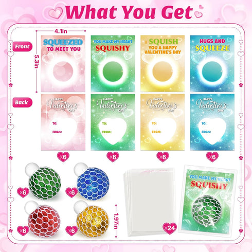 24 Valentines Day Cards for Kids School Classroom, Stretch Squeeze Balls Fidget Toys with Valentines' Cards, Valentines