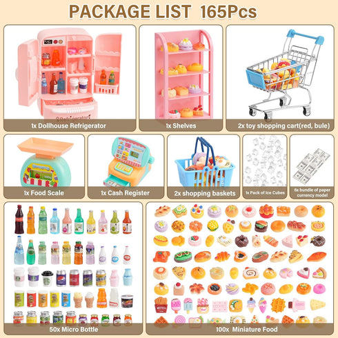 kapeiluo 165Pcs Mini Shopping Cart Basket Miniature Food Drink Toy Supermarket Metal Handcart Shelves Cash Register