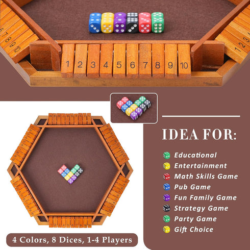 1-6 Shut The Box Dice Game - Vintage Style Wooden Board Game for Players, Fun Family Classroom Home Party & Pub