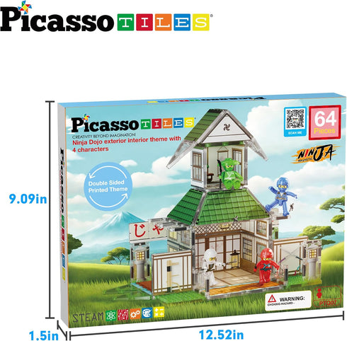 PicassoTiles Ninja Dojo House Theme Playset - 4 Character Action Figures, Magnetic Tiles, Educational Toy for Toddlers
