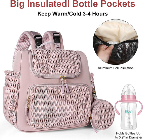 Geestock Diaper Bag Small Backpack, Stylish Quilted Baby Bag with Changing Pad, Pink Color