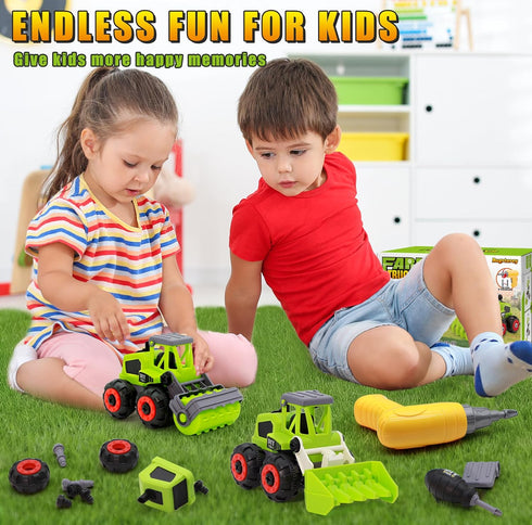 Take Apart Farm Trucks Toys for Kids Boys, DIY STEM Building Construction Toys with Electric Drill & Color Box, Gift