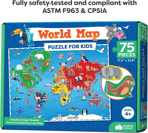 World Map Puzzle for Kids - 75 Piece Geography Jigsaw Puzzles for Ages 4-10, Globe Atlas Puzzle