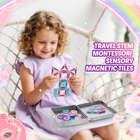 Windidi 2 3-5 4-8 8-12 Magnetic Tiles Princess Toys, Princess Castle Travel Magnetic Blocks with Metal Box & Dolls