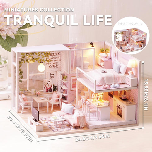 Flever Dollhouse Miniature DIY House Kit Creative Room with Loft Apartment Scene for Romantic Artwork Gift (Tranquil