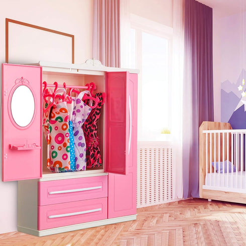 Doll Closet Furniture Wardrobe, Open Dollhouse Closet with 20 Pieces Doll Hangers, 2 Style Pink Plastic Hangers