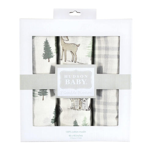 3-Pack Hudson Baby Unisex Baby Cotton Muslin Swaddle Blankets, Forest Animals
