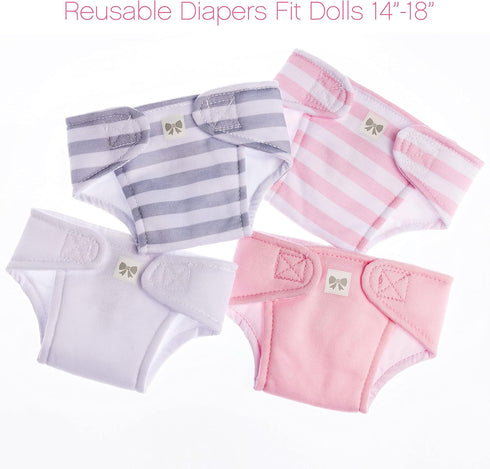 JC Toys Baby Doll Washable Eco Diapers 4 Pack, Fits 14 to 18 inch Dolls in Pink/White/Grey