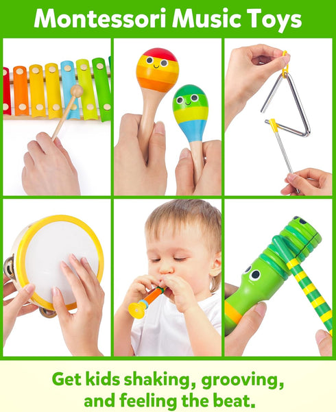 Playset, Coogam Wooden Musical Instruments for Toddlers, Tambourine Xylophone Castanet Flute Maracas Wood Percussion