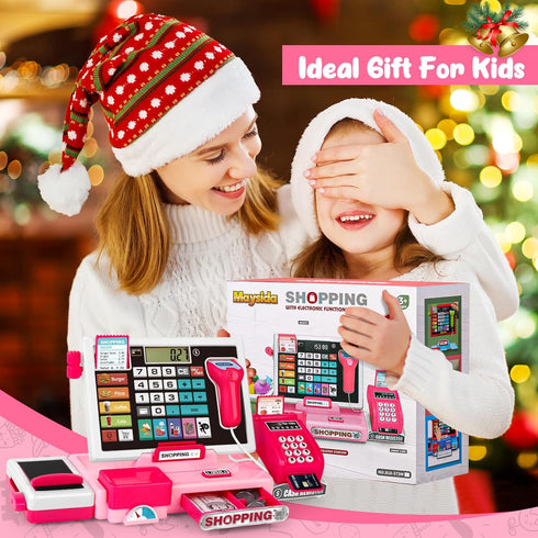 Playset, Kids Cash Register Toy Toddler Prentend Play Store with Real Calculator Cash Register with Scanner/Credit
