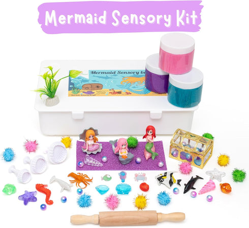 Creative Mind Mermaid Sensory Kit - 3 Jars Non-Toxic Play Dough & Reusable Sensory Bins with Sea Animals for Toddlers