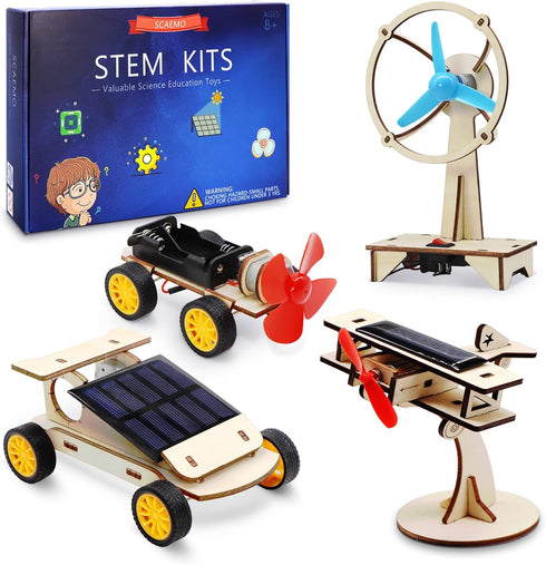 STEM 4 Set Solar Motor Kit - Wooden Model Electric Car Science Experiment Projects for Kids