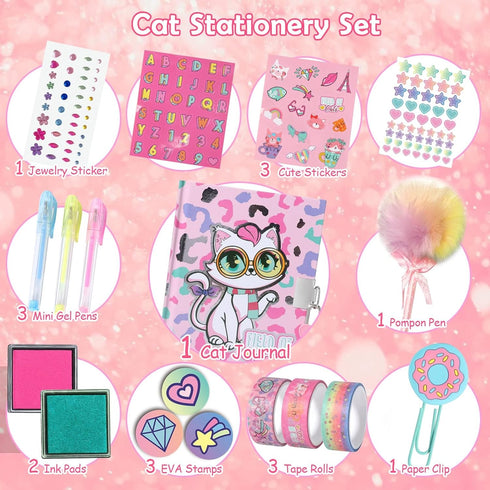 YOYTOO Set 5 6 7 8 9 10 Cat Diary for Girls with Lock, Cat Stationery with Secret Diary, Stamps, Pens, Journal Notebook
