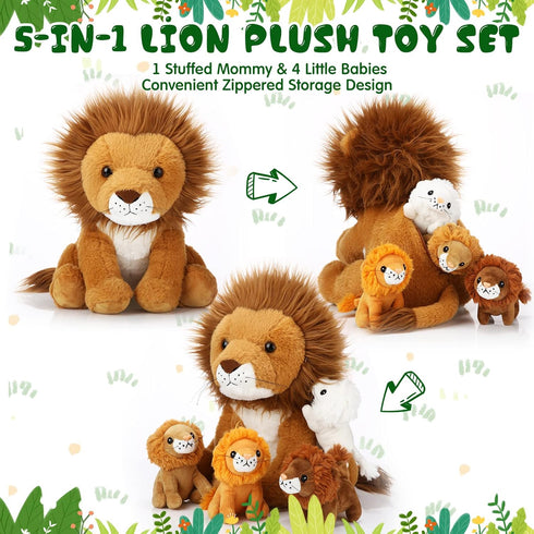 Honoson 5 Pcs Large Lion Plush Set with 4 Cute Baby Lions in Zippered Back, Soft Cuddly Plushie, 14 Inch