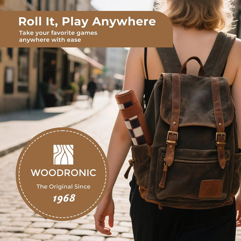 Woodronic 3 in 1 Travel Chess Set, Roll-up Leather Backgammon with 32 Premium Pearl Pieces, 5 Dices, Portable 13x10 Inch
