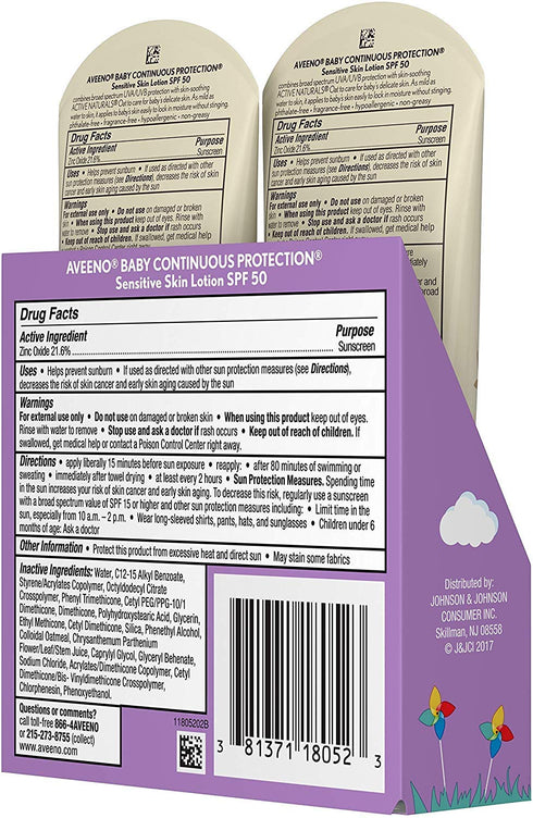 SPF#50 3 (88ml) (Pack 2) Aveeno Baby Continuous Protect Lotion Sensitive Ounce