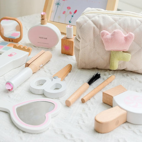 Set 16 3 4 5 6 7 8 Wooden Makeup Toy for Toddlers, Pieces Pretend Play Beauty Salon Kit with Styling Tools, Cosmetics