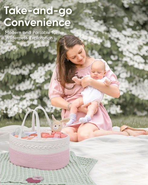 Maliton Diaper Caddy for Baby Girl-Cotton Rope Diaper Caddy, Diaper Organizer for Changing Table, Portable Baby Basket