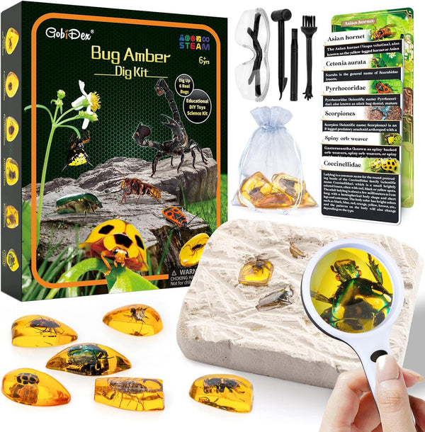 GobiDex Amber Dig Kit, Excavate 6 Insects Specimens, STEM Geographic Educational Bugs Toys for Kids Age 6-12