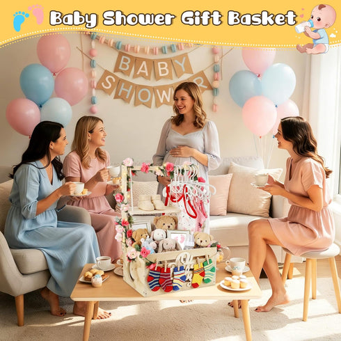 XIEJ Closet, 6 6 Wooden Baby Shower Crate Personalized Baby Gift Basket with Adjustable Handle, Include String Lights