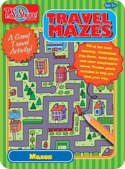 Bendon TS Shure Travel Games Mazes Mini Activity Tin, 20 Illustrated Activity Sheets and Pencil