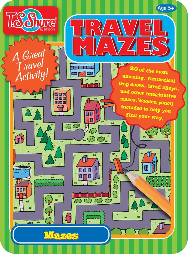 Bendon TS Shure Travel Games Mazes Mini Activity Tin, 20 Illustrated Activity Sheets and Pencil