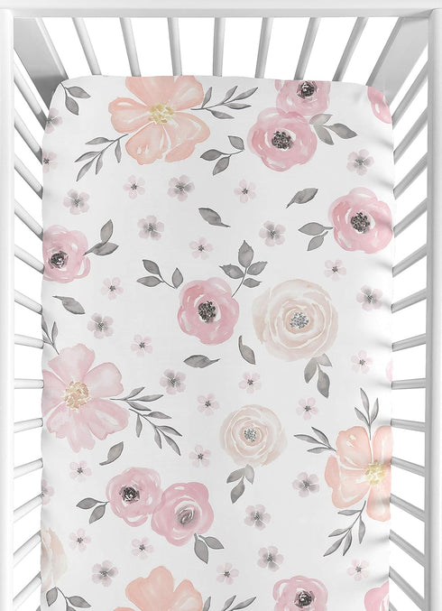 Sweet Jojo Designs Fitted Baby Crib Sheets (Pink/Grey Boho Floral) for Girls, Standard Size