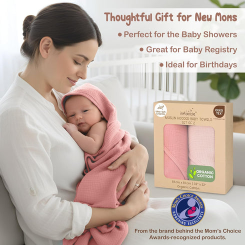 100% 32x32 Inch 2 Pack Organic Cotton Muslin Baby Hooded Towels Soft & Absorbent Baby Towels for Newborn for Boys