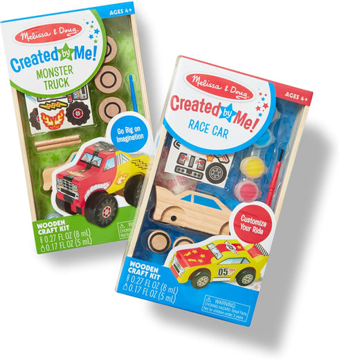 Melissa & Doug Decorate-Your-Own Wooden Craft Kits Set, Race Car and Monster Truck.